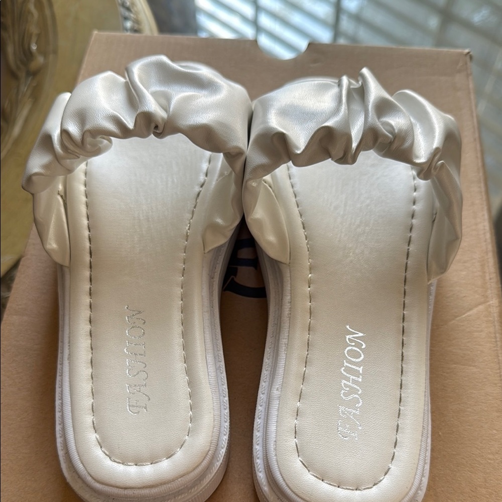 White Satin Slide Sandals - Picture 3 of 11